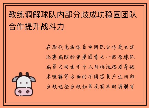 教练调解球队内部分歧成功稳固团队合作提升战斗力