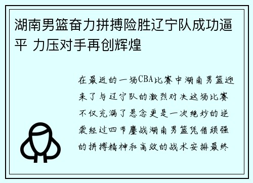 湖南男篮奋力拼搏险胜辽宁队成功逼平 力压对手再创辉煌