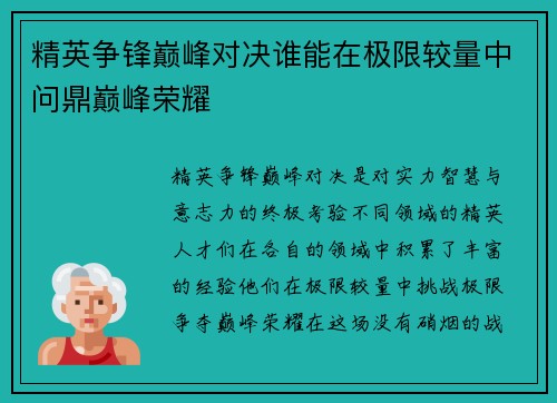 精英争锋巅峰对决谁能在极限较量中问鼎巅峰荣耀