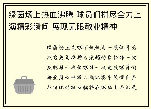 绿茵场上热血沸腾 球员们拼尽全力上演精彩瞬间 展现无限敬业精神