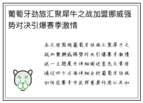 葡萄牙劲旅汇聚犀牛之战加盟挪威强势对决引爆赛季激情