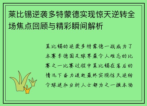 莱比锡逆袭多特蒙德实现惊天逆转全场焦点回顾与精彩瞬间解析